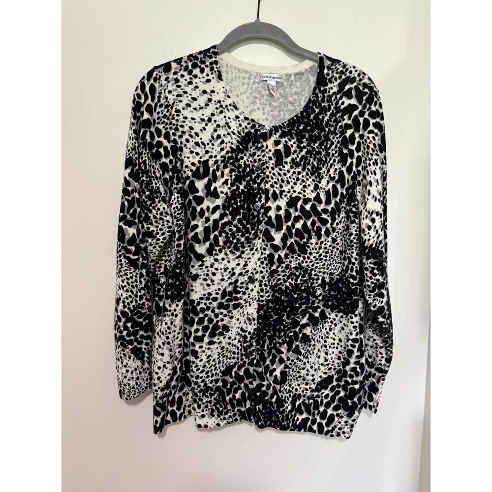 Croft&Barrow 1X Animal Print Cardigan Black White Button Front Whimsigoth Grunge